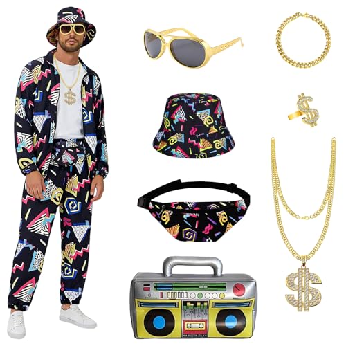 Lalieffacely Disfarce anos 80 e 90 homem, 9 peças disfarces carnaval homem, disfarce handal anos 80 homens com colar rádio insuflável, chapéu e muito mais, disfarces carnaval para carnaval (XL)
