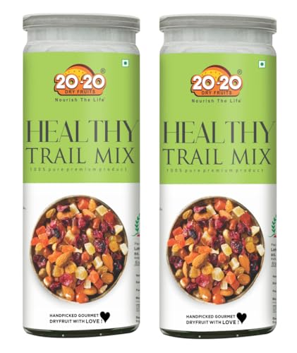 Image of 20-20 Dry Fruits Healthy Trail Mix Jar 400 g(200g Jar*2) - Dried Cranberries, Strawberry, Kiwi, Melon Seed,Flax,Sunflower, Pumpkin, Roasted Cashew, Roasted Almond ,Black Raisins | Healthy Gift Hamper (Pack of 2)