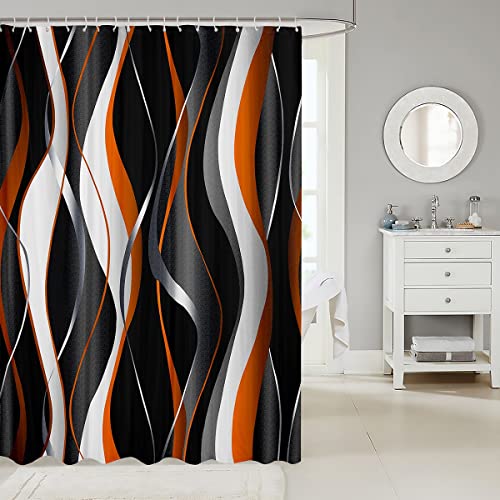 Loussiesd Orange Grey Black Shower Curtain Geometric Spiral Pattern Fabric Shower Curtains for Boys Girls Modern Luxury Bathroom Waterproof Accessories with 12 Hooks Abstract Art Curtains,72x78 Inch - Image 2