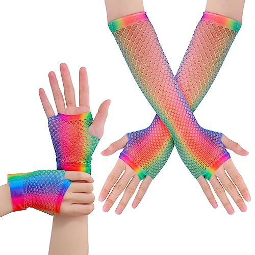 2 Paar Netzhandschuhe Regenbogenfarben Damen Fingerlose Handschuhe Lang Kurz Netzhandschuhe 80er-Jahre Retro Party Disco Maskerade Kostüm Zubehör