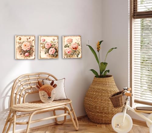 Image of Framed Vintage Flowers Canvas Wall Art Pink Rose Wall Decor,Set of 4