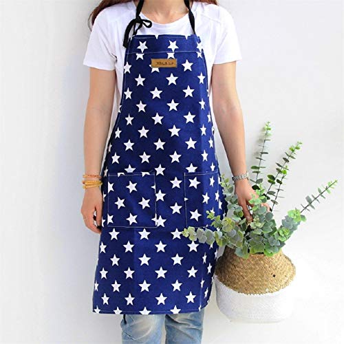 Lindong Tablier de cuisine avec poche en coton et lin, motif étoilé, pour femme, pour cuisiner ou pâtisser bleu foncé Cover