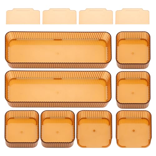 Hioasis 12pcs Drawer Organizers Set - 3-Size Stackable Makeup Organizers, Vanity Drawer Dividers Storage Bins Suitable for Cosmetic, Stationery in Bathroom & Kitchen & Office (Brown)