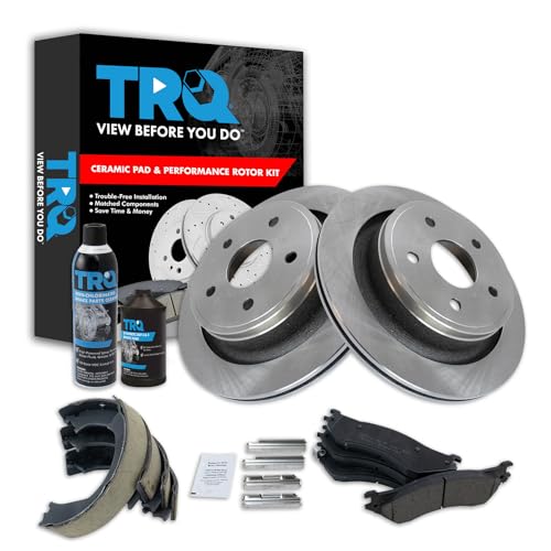 Image of TRQ Rear Brake Pad & Rotor Kit, with Chemical Kit Parking Brake Shoe Set Ceramic Compatible with 2004-2006 Dodge Ram 1500