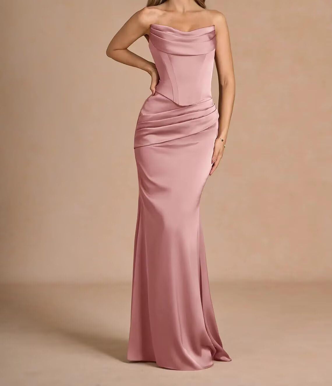 Everlong Strapless Bridesmaid Dresses 2025 Long Mermaid Satin Pleated Formal Party Gowns with Scarf EL018
