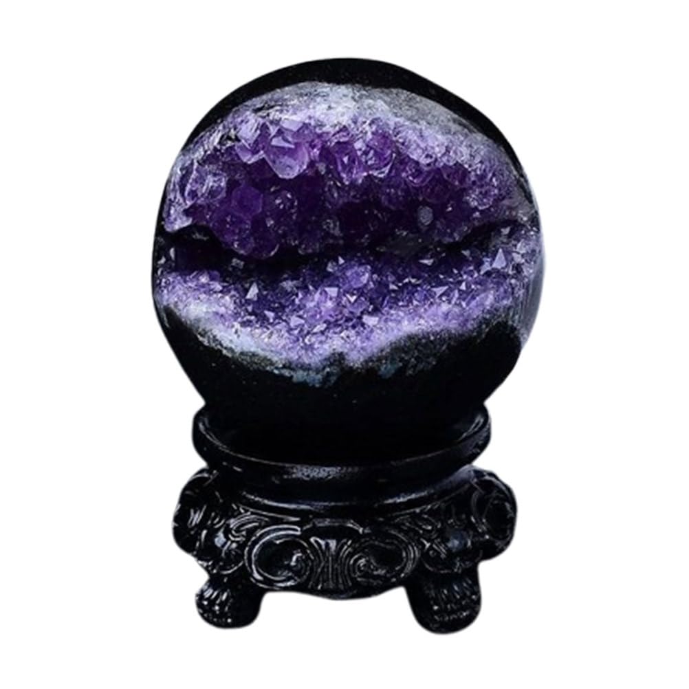 AUOQKQUT Amethyst Druzy Geode Gemstone Sphere with Wood Stand Crystal Ball for Fortune Telling Divination Home Office Decor,160~200g