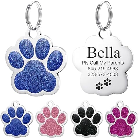 YEHANTI Dog Tags Personalized for Pets, Durable Stainless Steel Glitter Paw Print Pet ID Tags with 4 Line Texts and Icons Engraved, Custom Dog ID Tags and Name Tags for Large Small Dogs Cats (Blue) Cover