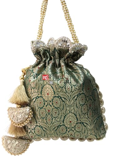 Image of MILAN'S CREATION Pure Banarasi Potli Silk Brocade Bag Purse Drawstring Women's handbag with Pearl Handle & Tassel Weddings