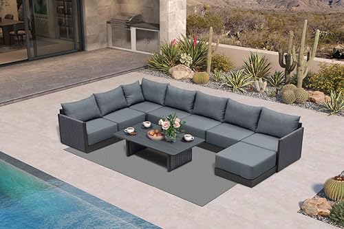 Image of PURPLE LEAF Patio Sofa 9 PCS w /Coffee Table, Powder-Coated Frame, Gray
