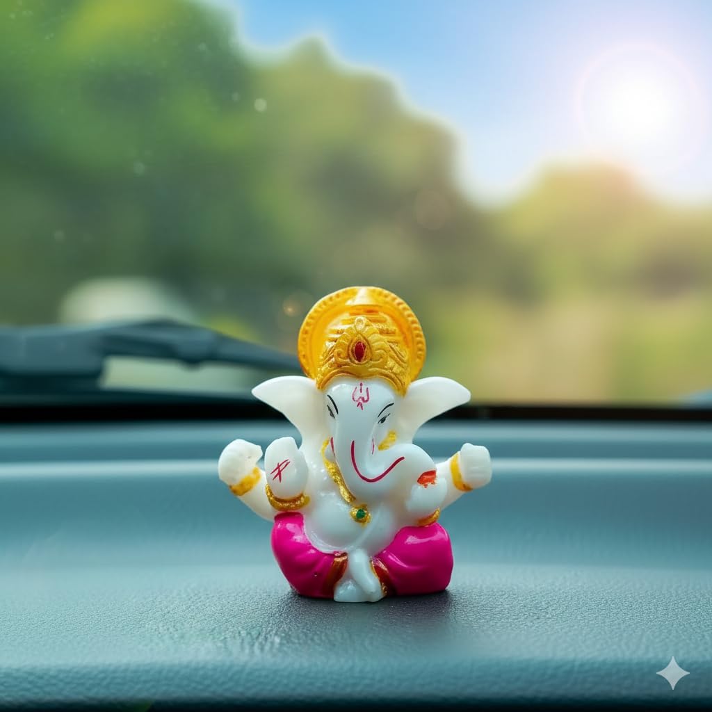 ArteVatika Marble Small Ganesha Idol for Car Dashboard | 2.2 x 2.2 Inches | Ganpati Murti with Golden Mukut | Decorative Mini Ganesh Statue for Home, Office & Gift | (Pink)