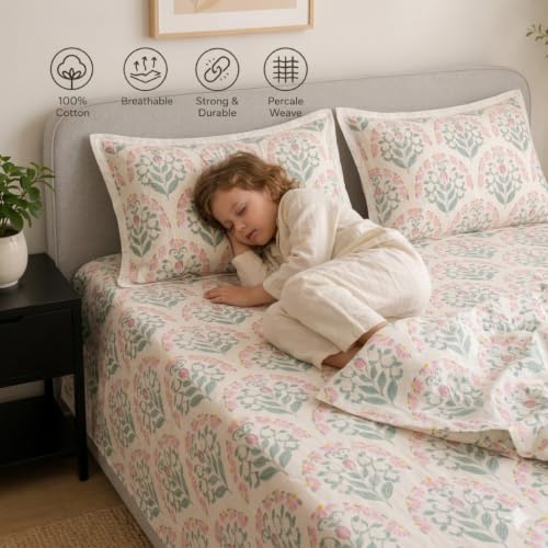 Image of Linen Home Cotton Percale Flat Bedsheet Set King Size Sequence Pink