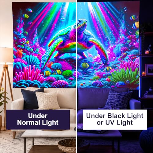 Image of BlissYard Neon Sea Turtle Ocean UV Black Light Tapestry 78x59 Inches Art Color Neon Light Background Bedroom Living Room Wall Party Decoration Underwater Coral Reef Marine Psychedelic Wall Art