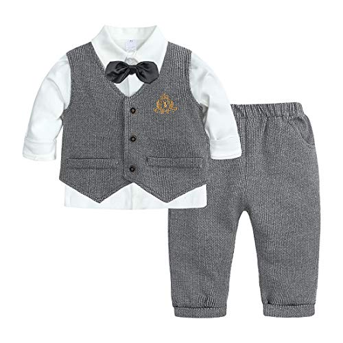 MYGBCPJS Baby Boy 3PCS Gentleman Pants Set Cotton Long Sleeve Bow Tie Shirt + Tuxedo Vest + Elastic Pants Formal Outfit Black