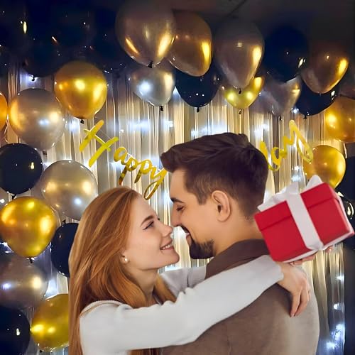 Image of 1iAM Romantic Happy Birthday Decoration Items Pack of 34pcs For Husband, Wife, Girlfriend, Boyfriend | Golden, Black & Silver Birthday Decoration Party Packs For Indoor or Outdoor Home, Room, Office