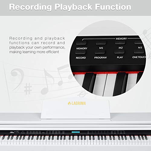 LAGRIMA White Digital Piano with Standard Key, 88 Key Electric Piano for Beginner(Adults/Kids) W/Music Stand+Power Adapter+3-Pedals+Instruction Book+Headphone Jack
