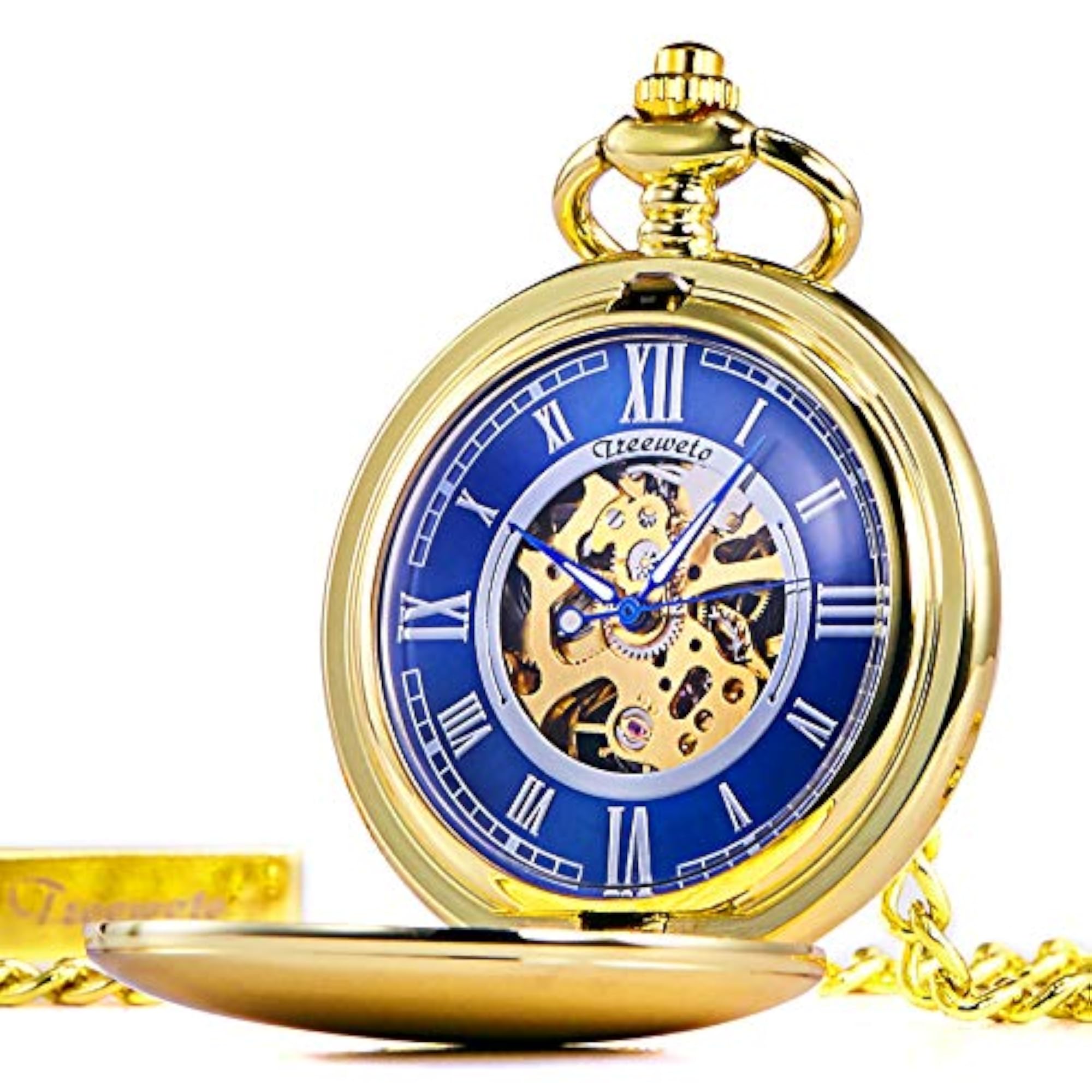 Men's Vintage Antique Double Hunter Pocket Watch, Golden Blue