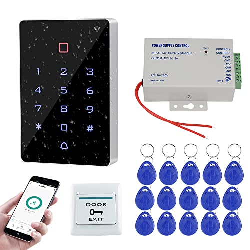 FUSYTULY Outdoor IP68 Waterproof Access Control System Tuya Wifi RFID Keypad + K80 3A Power Supply + Door Exit Button + 15pcs RFID Keyfobs tags, Without Electric Lock
