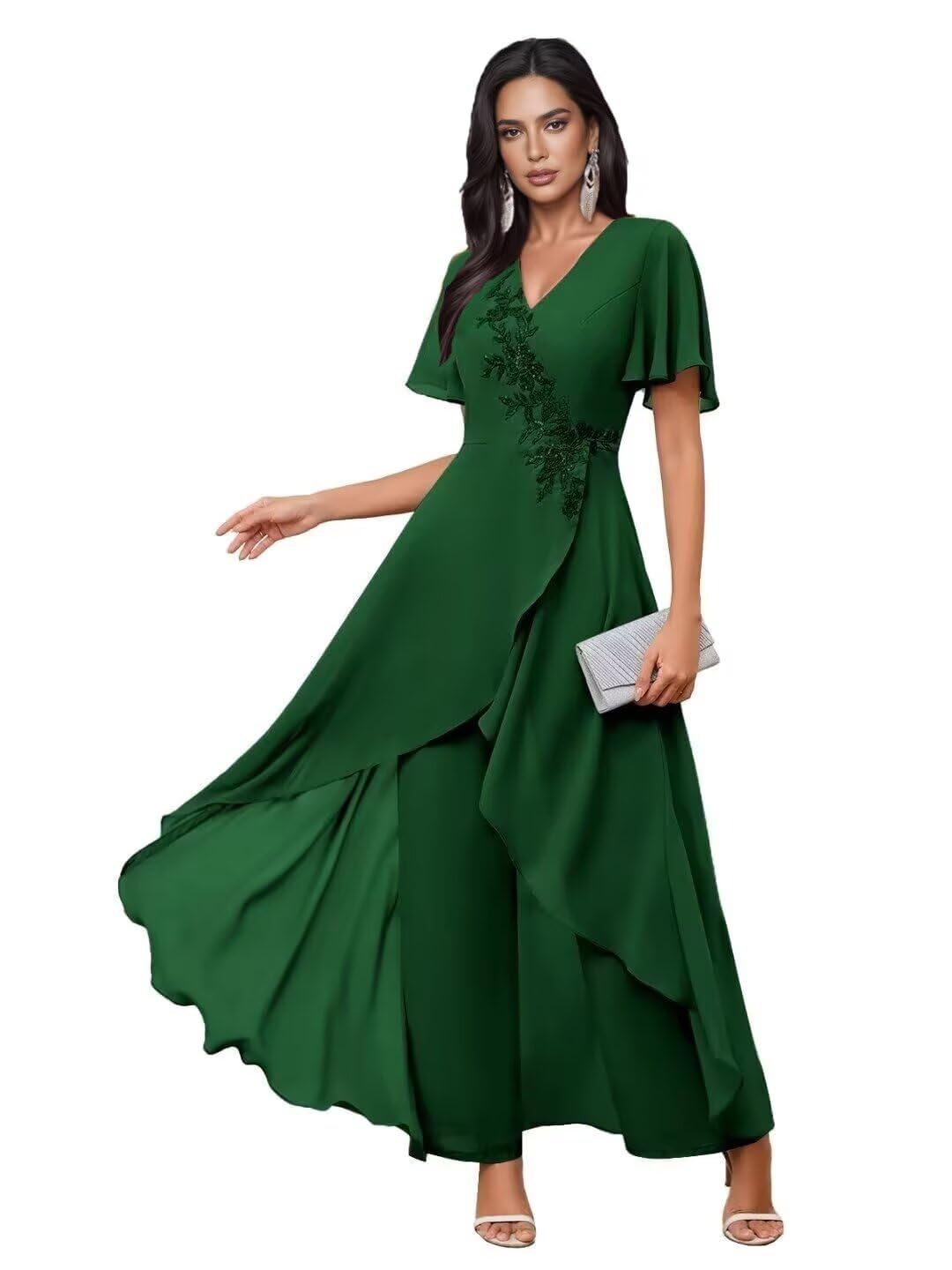 2 Piece Chiffon Mother of The Bride Pant Suits for Women Evening Gowns Formal Outfit Jumpsuit with Appliques
