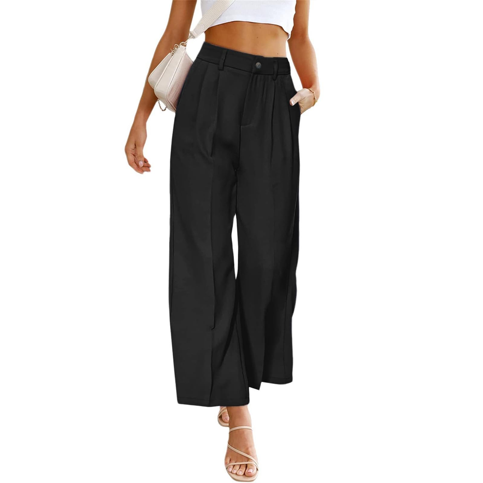 Womens Casual Wide Leg Pants High Waisted Button Straight Pants with Pockets Business Work Trousers for Women 2025