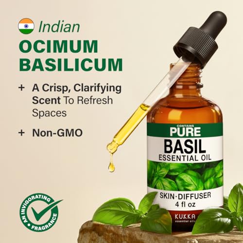 Image of 100% Pure Basil Oil - 4 Fl Oz Basil Essential Oil for Hair, Skin, Diffuser, Aromatherapy & DIY Soap Making Scent