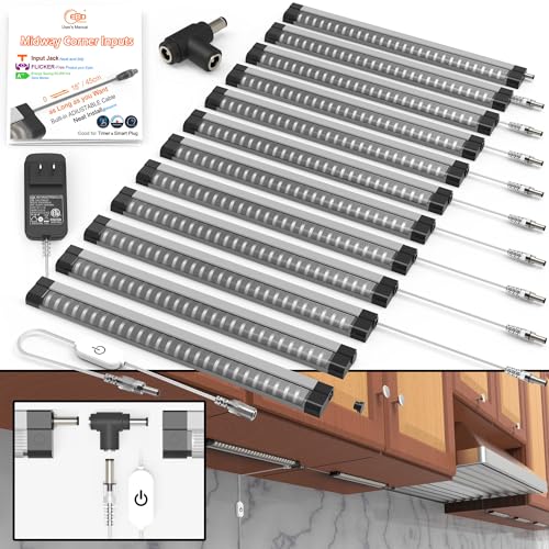 Image of EBD LED Under Cabinet Lights Hardwired Built-in Adjustable Cable 12 Pcs Midway Input Under Counter Lights for Kitchen Sink Light 6500K 5400 Lm Super Bright for Closet Shelves Shelf Locker & Bookcase