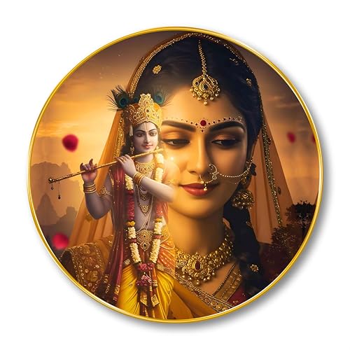 Image of SAF Radha Krishna Divine Love Wall Painting - Spiritual Round Golden Frame Artwork | Traditional Indian Art for Living Room, Bedroom, Office & Pooja Room Home Decor (23 X 23 Inch) GR-293