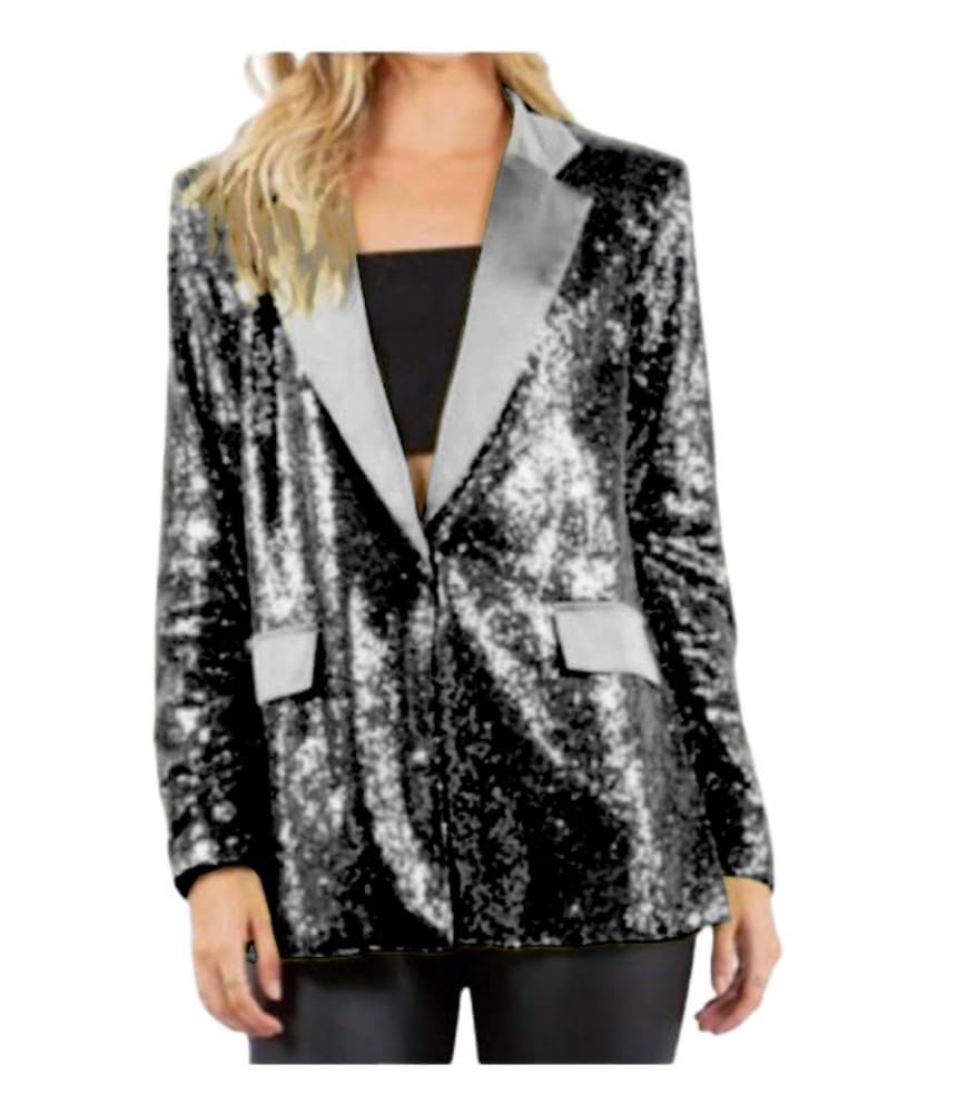 Womens Sequin Blazer Open Front Sequined Blazer Casual Long Sleeve Sparkly Sequin Blazers with Pocket