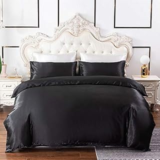 Satin Bedding Sets Double Black Silk Bedding Double Satin Silk Duvet Cover Sets Black Soft Silky 3 Piece Bedding Set Solid Color Shiny Vibrant Comforter Cover Set with Sham (Double Size, Black)