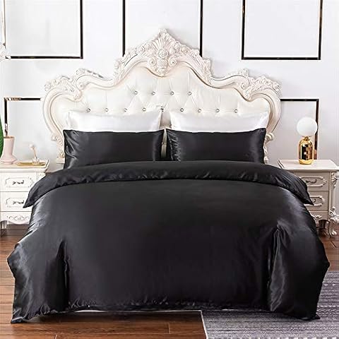 Satin Bedding Sets Double Black Silk Bedding Double Satin Silk Duvet Cover Sets Black Soft Silky 3 Piece Bedding Set Solid Color Shiny Vibrant Comforter Cover Set with Sham (Double Size, Black) Cover