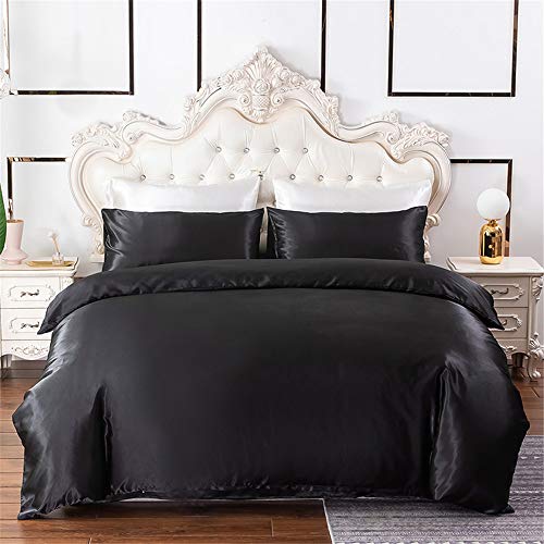 Satin Bedding Sets Double Black Silk Bedding Double Satin Silk Duvet Cover Sets Black Soft Silky 3 Piece Bedding Set Solid Color Shiny Vibrant Comforter Cover Set with Sham (Double Size, Black)