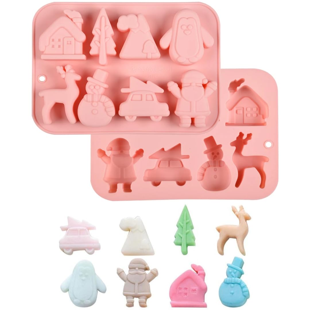 8 Slot Christmas Chocolate Mould, Candy Baking, 3D Reindeer, Snowman,Tree, Mountain, Car,Reindeer, Santa Claus, House, Penguin, Shape Mold for DIY Handmade Soap Candles Jelly Fondant,Gummy