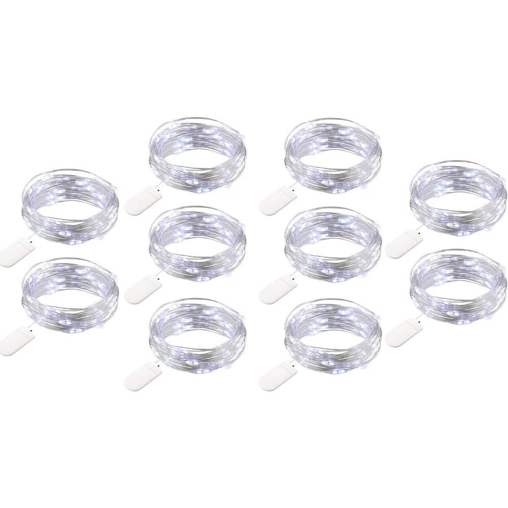 10-Pack LED Fairy Lights, 2M 20-LED Copper Wire String Lights IP65 Waterproof, Cool White Battery Operated Flexible Indoor/Outdoor Lights for Wedding Christmas Garden Decor