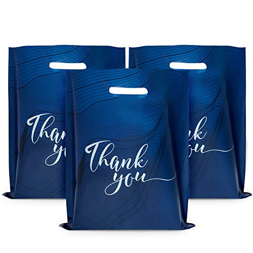 Rainbows & Lilies 100 Thank You Bags, 12x15 Plastic Bags with Handles, Shopping Bags for Boutique, Retail, Gifts, Goodie Bags - Thick Reusable Bags (Navy Blue)