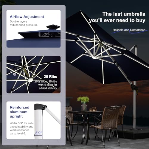 Image of PURPLE LEAF Patio Umbrella 9' X 12' Double Top Solar LED Light, Navy Blue