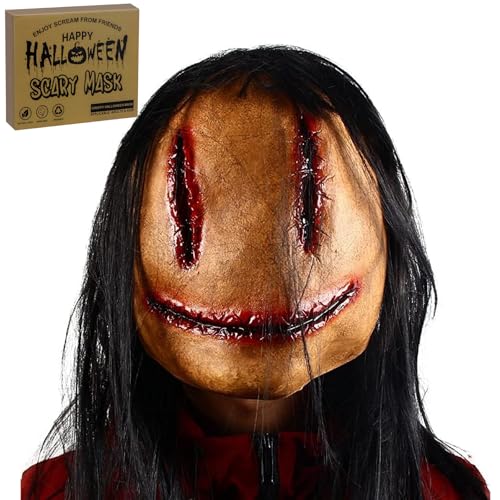 SelfTek Scary Halloween Mask With Wigs - Horror Devil Demon Natural Latex Stitching Woman Ghost Creepy Evil Mask for Masquerade Party Cosplay Props, Themed Party