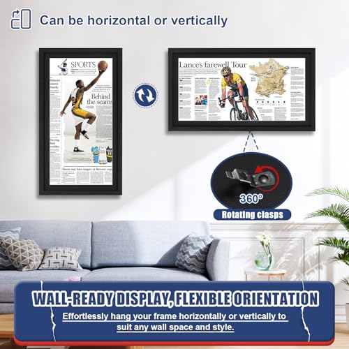 Image of JupDec 11 x 22 Up to 13 x 24 Newspaper Frame, Premium Wood Display Case with Acrylic Panel, Wall Mount or Tabletop Stand, Perfect for Home & Office Decor, Ideal Gift for Collector, 3 Pack, Black