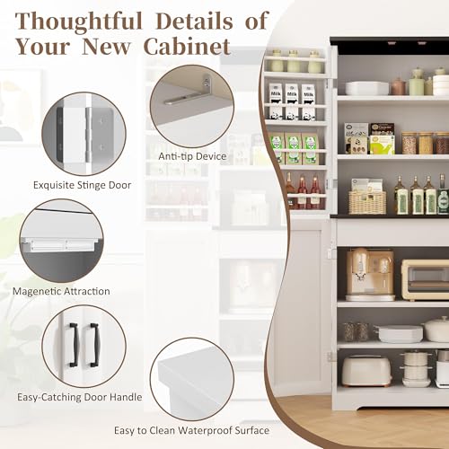 Image of Shintenchi Kitchen Pantry Cabinet, Freestanding Farmhouse Storage Cabinet with 8 Door Shelves, 2 Cabinets and 1 Drawer, Tall Cupboard for Kitchen, Living Room, Dining Room and Bathroom, White