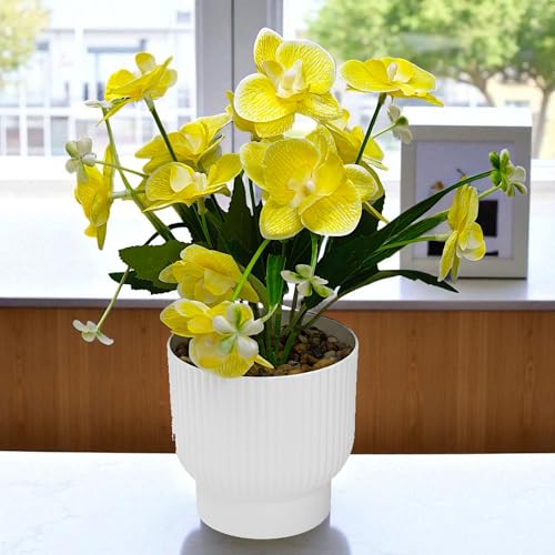 Image of CURATED CART Flower Pot with Artificial Flowers - Orchid Yellow Flower with White Vase | Ideal for Home Decor | Office Decor | Gifting | Size 25 x 15cm