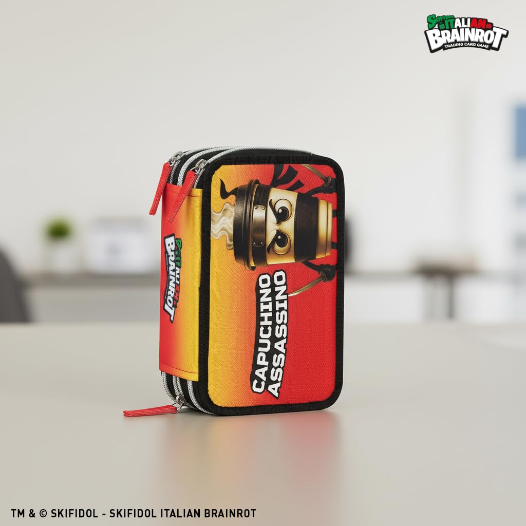 BRAINROT - Astuccio Scuola Ufficiale Brainrot, Astuccio 3 Scomparti con Forbici, Pennarelli, Matite Colorate, Penne, Temperino, Righello e Gomma, Interno Foderato, 20x13hx7 cm