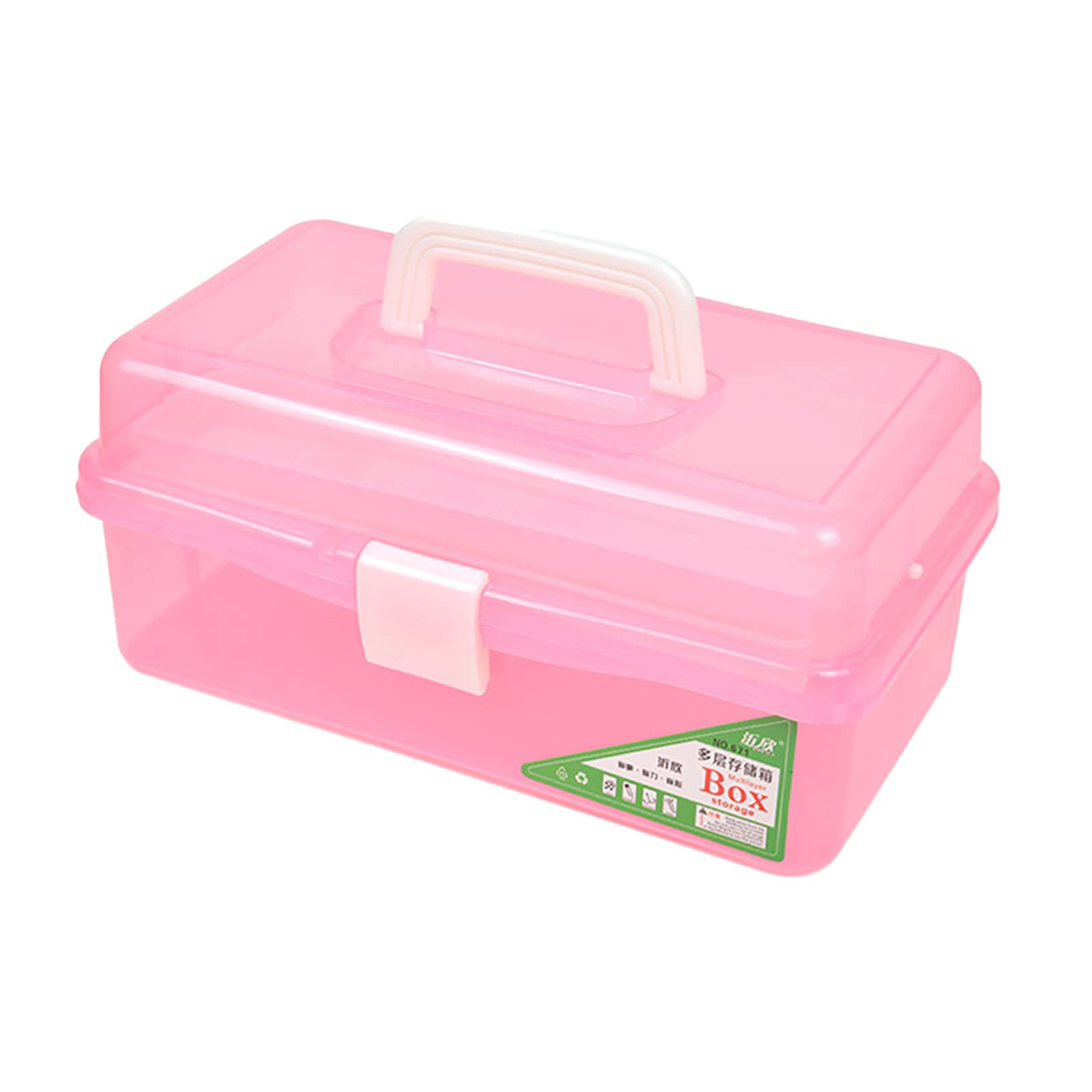 Zhousensen 13in Three-Layer Clear Art Storage Box Craft Organizer, Folding Tool Box with Handle, Art & Crafts Case/Sewing Supplies Organizer for Home School Office Travel (Pink)