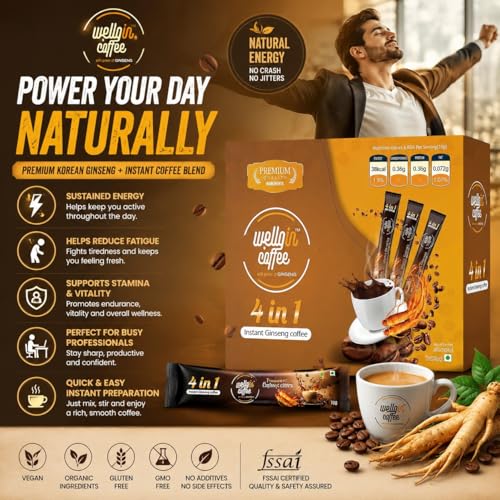 Image of Wellgin Premium Instant Ginseng Coffee | Korean Ginseng Infused Coffee for Energy, Focus & Stamina | Vegan, Organic, Gluten Free, GMO Free | No Added Preservatives | FSSAI Certified | Pack of 10 Sachets