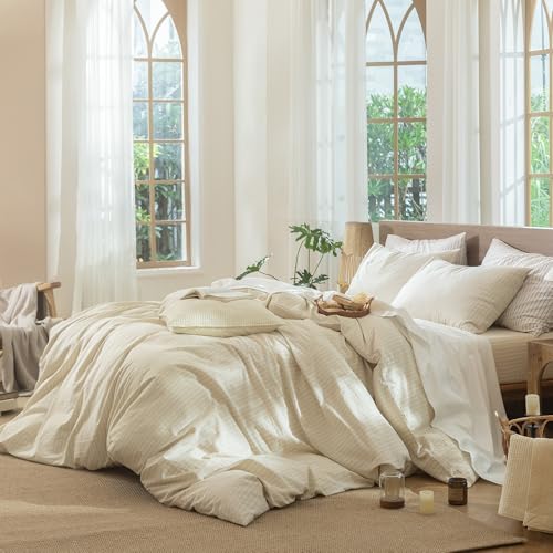 Image of MooMee Striped Duvet Cover Set 100% Washed Cotton Linen Like Oversized King | Relaxed Linen-like Texture. Soft, Breathable & Long-lasting Comfort. Lightweight. Hidden Zipper with 8 Interior Corner Ties