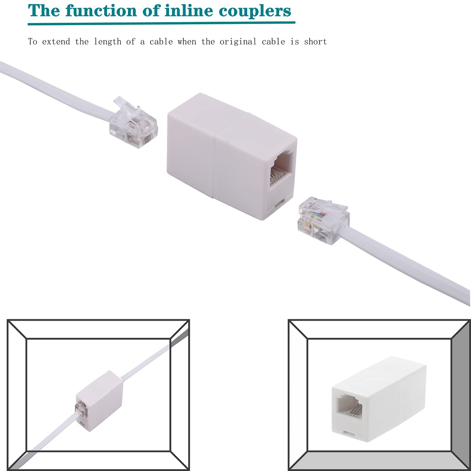 Cable de extensión de teléfono de 100 pies, cable de teléfono con conector RJ11 estándar y acopladores de línea de 2 pulgadas y 35 soportes de clip de cable, blanco (100 pies)