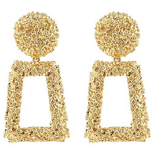 Gold Statement Geometric Dangle Earrings, Big Rectangle Drop Earrings for Women & Fashion Large Stud Earrings for Girls (A1-Gold)