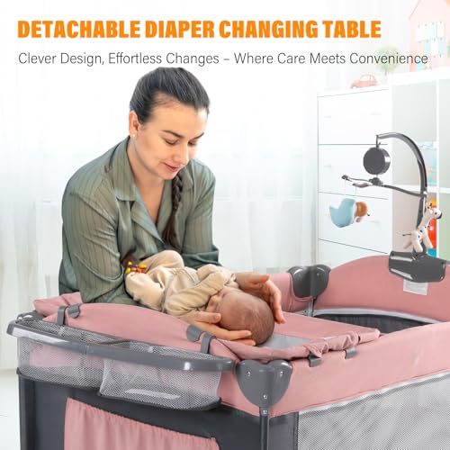 Image of Soobaby 5 in 1 Baby Crib,Baby Bassinet, Bedside Cribs, Pack and Play with Changing Table, Portable Travel bedToys & Music Box,Mattress for Girl Boy Infant Newborn (Pink)