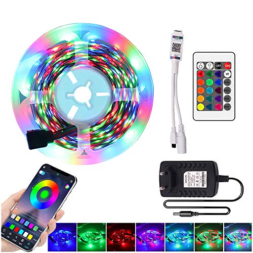 XUNATA Kit Bluetooth Striscia LED RGB 12V- Striscia Luminosa Autoadesiva SMD 2835 60 LED/m, Telecomando IR a 24 tasti, Alimentazione UE (5m, Impermeabile)