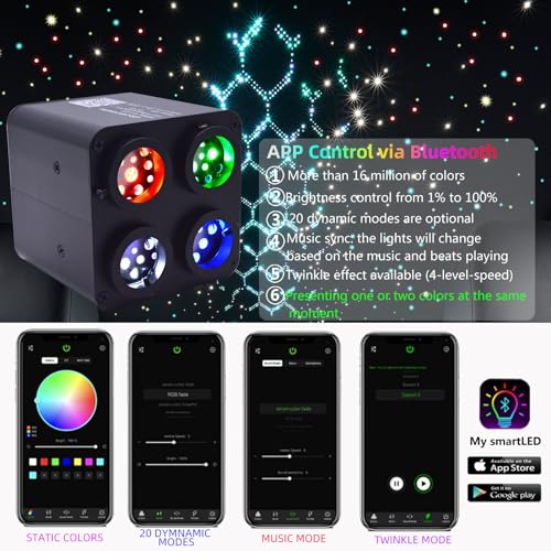 Image of 36W 4-Head 4 Color RGBW Twinkle Fiber Optic Lights, Starlight Headliner Kit with Total 1200pcs*0.75mm /0.03in 13.1ft Optical Fiber Cables+Remote and APP Control for Car and Home Interior Decoration
