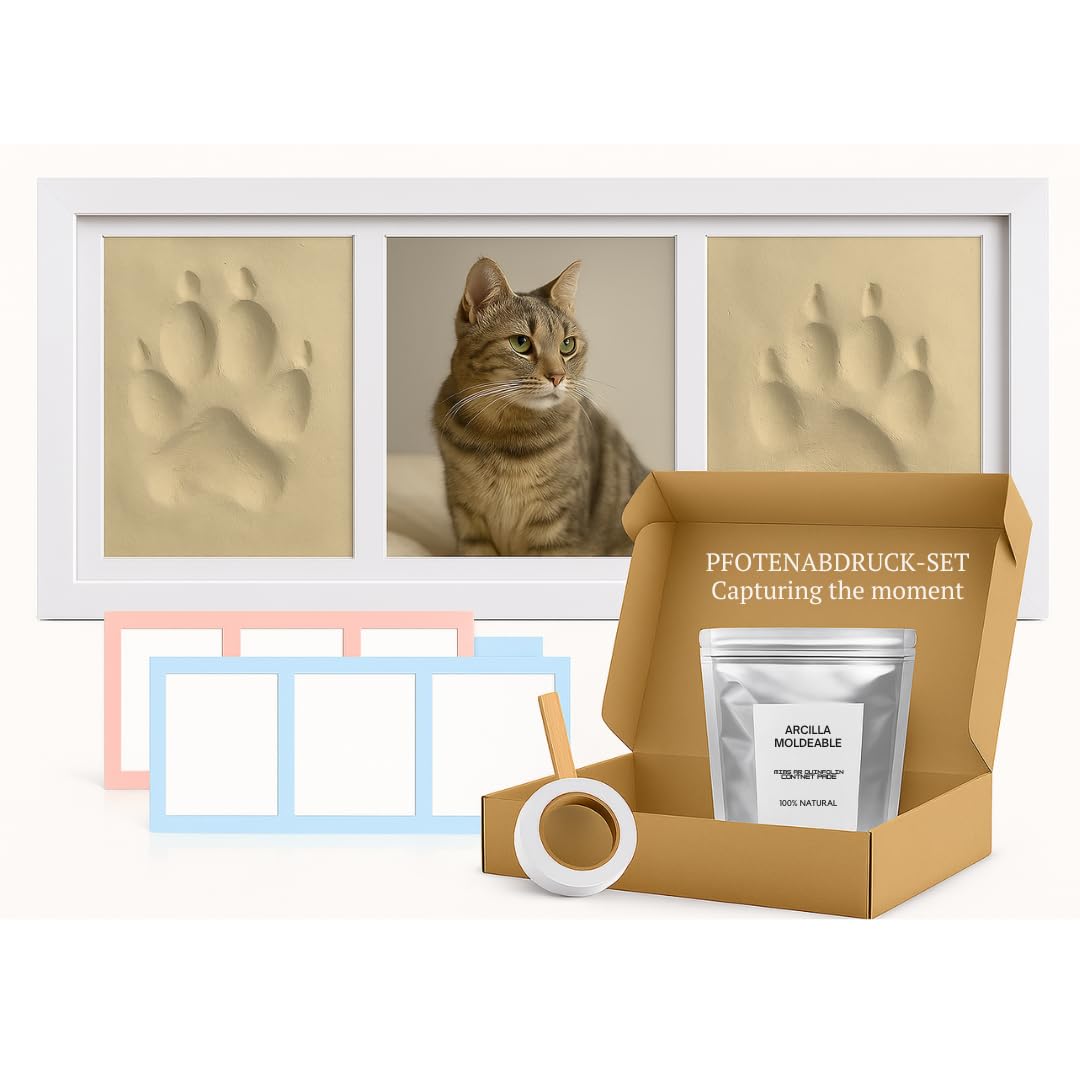 Bilderrahmen für Haustierabdrücke (Hund, Katze) mit Foto, Druckset aus weißem Ton, Geschenkbox mit farbigem Passepartout, personalisiertes Andenken für Hunde und Katzen.