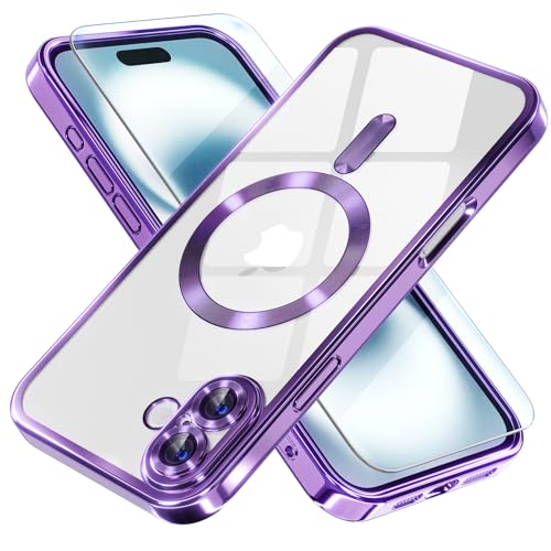Image of Misea Magnetic for iPhone 16 Plus Case Compatible with MagSafe | [Never Yellowing] [Military Drop Protection] Full Camera Lens Protector Plating Soft Clear Phone Case for Women, Deep Purple