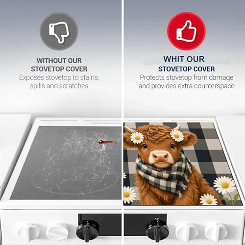 Image of HOMETITUTE Highland Cow Stove Top Covers for Electric Stove 28x20 Inches Heat Resistant Spring Glass Cooktop Protector Pad Decorative Stovetop Cover Dish Drying Mats for Kitchen Coffee Bar Decor